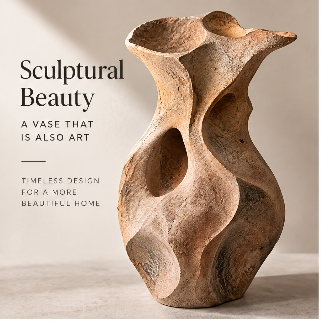livorr® Sculptural Beauty Vase — unique in every angle, organic form and natural texture in a warm sandy tone