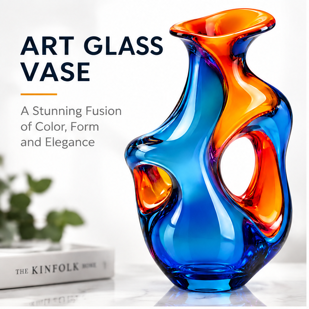 livorr® Art Glass Vase Blue Orange — art glass vase, a stunning fusion of color form and elegance, styled with book and plant