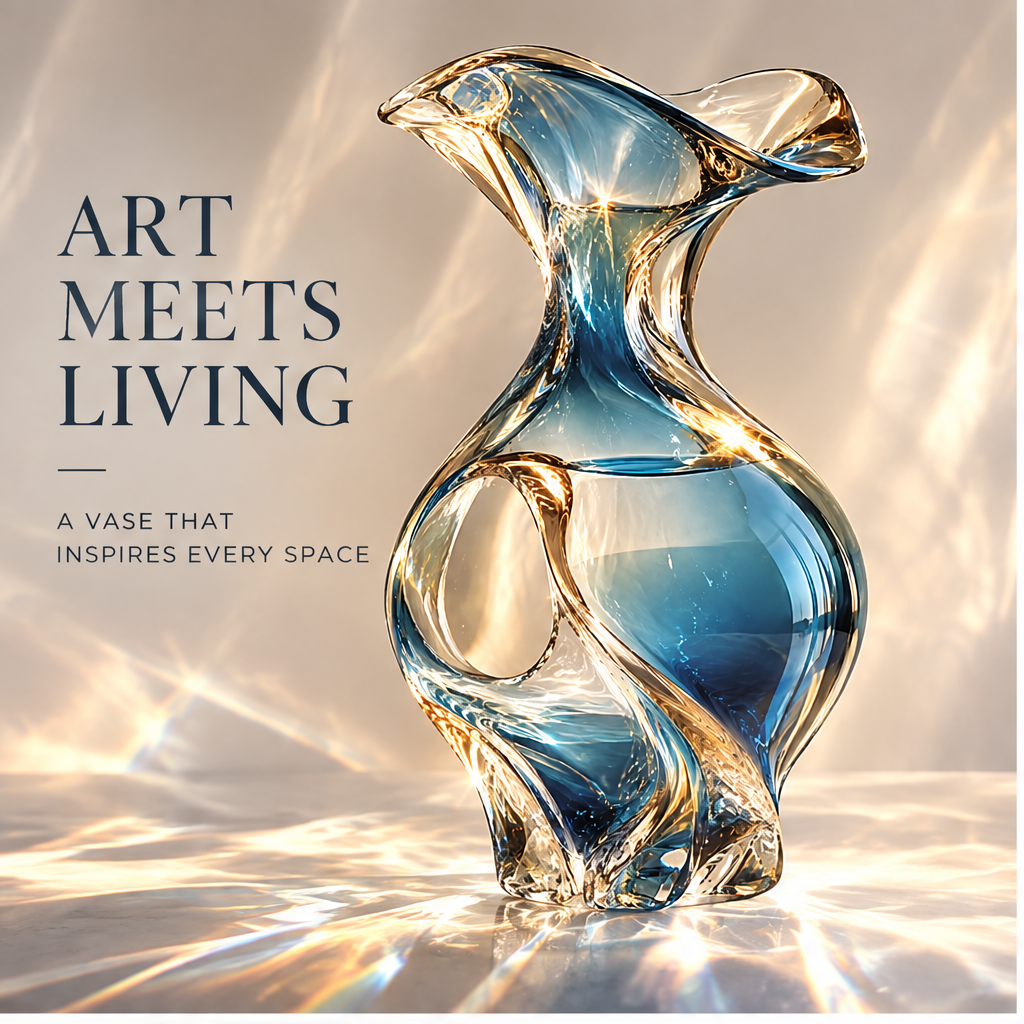 livorr® Blue Glass Sculptural Vase — art meets living, a vase that inspires every space, studio shot with light reflections