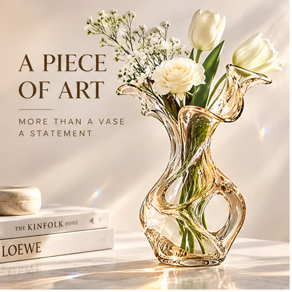 livorr® Crystal Glass Sculptural Vase — unique sculptural design, flowing lines, timeless beauty, prismatic light reflections