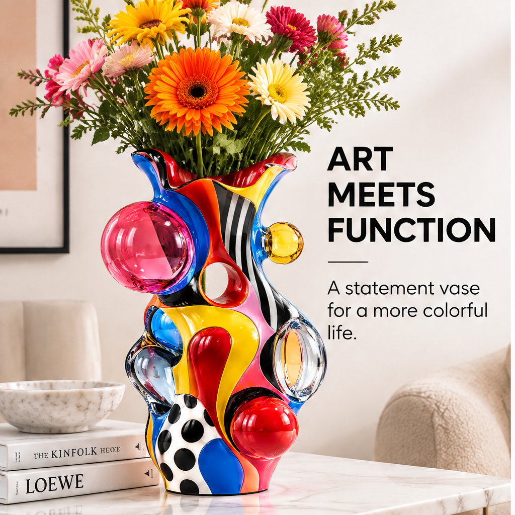 livorr® Pop Art Bubble Glass Vase — white background full body view of multicolor sculptural vase with pink, blue, red and clear glass bubble orbs