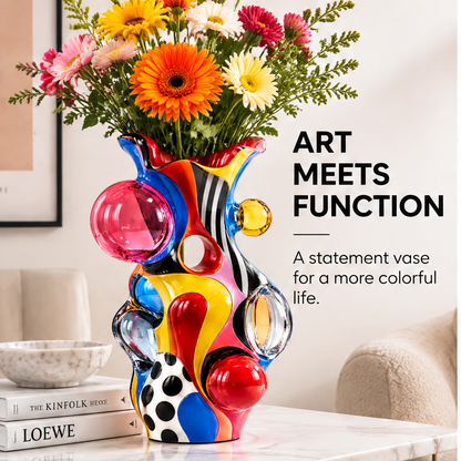 livorr® Pop Art Bubble Glass Vase — white background full body view of multicolor sculptural vase with pink, blue, red and clear glass bubble orbs