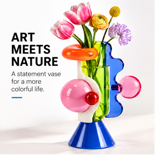 livorr® 360° Pop Art Borosilicate Glass Vase — white background full body view with pink tulips, ranunculus, billy buttons and lavender flowers