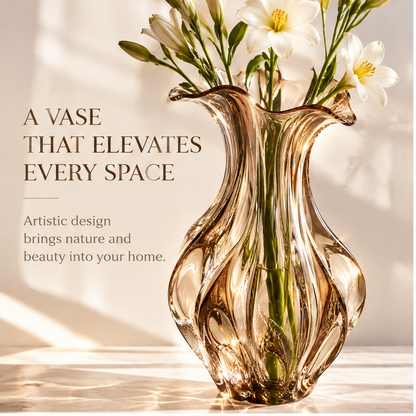 livorr® Amber Glass Sculptural Vase — a vase that elevates every space, styled with white freesias, artistic design brings nature and beauty into your home