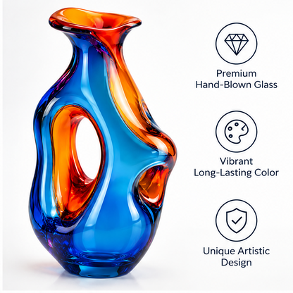 livorr® Art Glass Vase Blue Orange — premium hand-blown glass, vibrant long-lasting color, unique artistic design, 3 feature icons