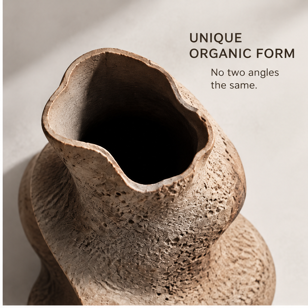livorr® Natural Texture Sculptural Vase — unique organic form, no two angles the same, top-down opening detail