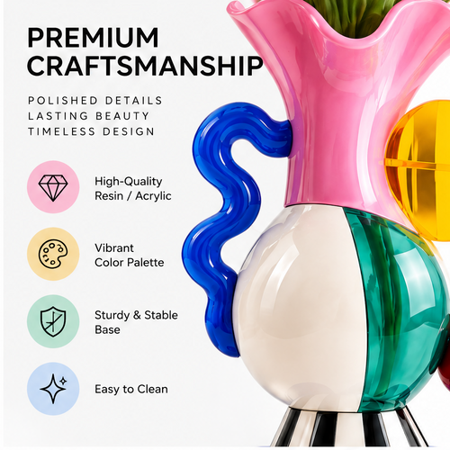 livorr® Pop Art Multicolor Sculptural Vase — art meets nature, styled with pink tulips and eucalyptus on marble table with Kinfolk and Loewe books