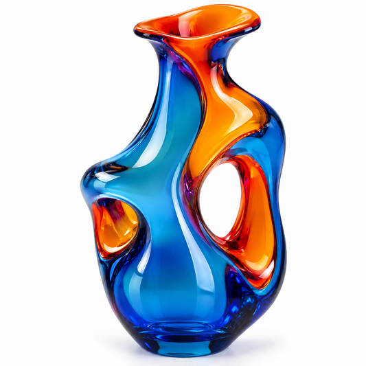 livorr® Art Glass Vase Blue Orange — clean white background full body view of bold blue and orange sculptural glass vase