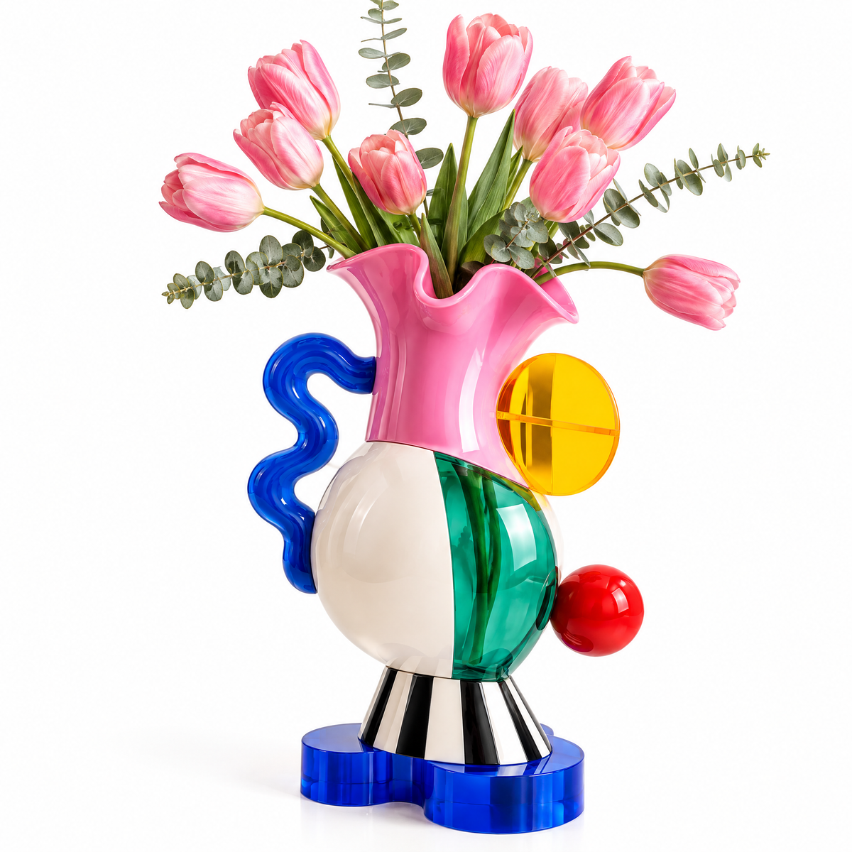 livorr® Pop Art Multicolor Sculptural Vase — white background with pink tulips, full body view of pink, blue, green, red, chrome and cobalt blue composition