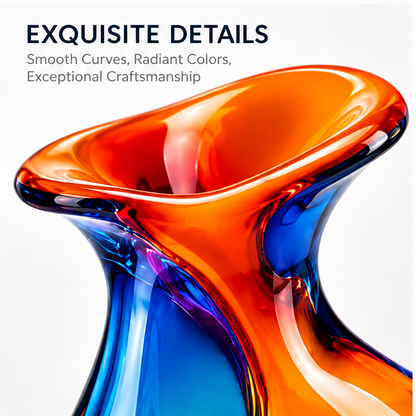 livorr® Art Glass Vase Blue Orange — exquisite details close-up, smooth curves, radiant colors, exceptional craftsmanship, neck and rim detail