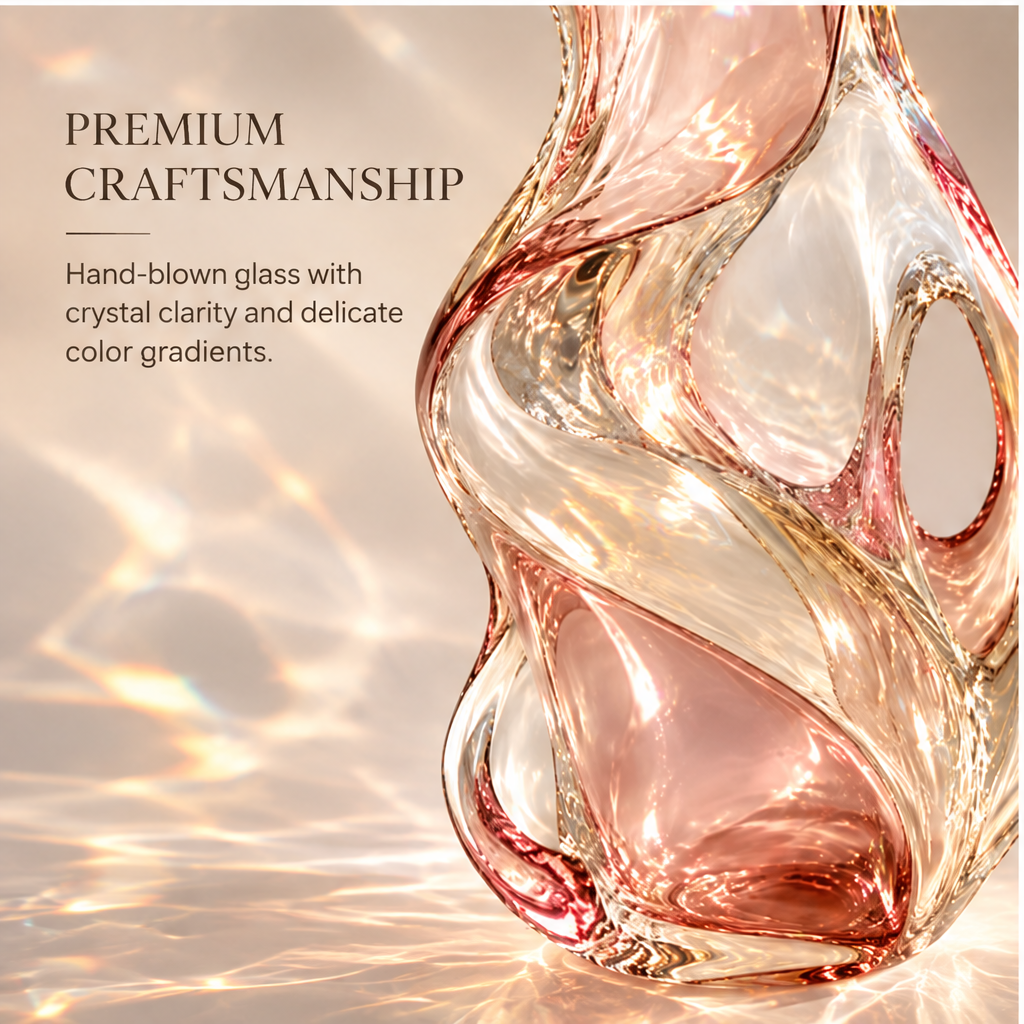 livorr® Art Meets Life Glass Sculptural Vase — clean studio view of the full blush glass sculptural silhouette with light reflections