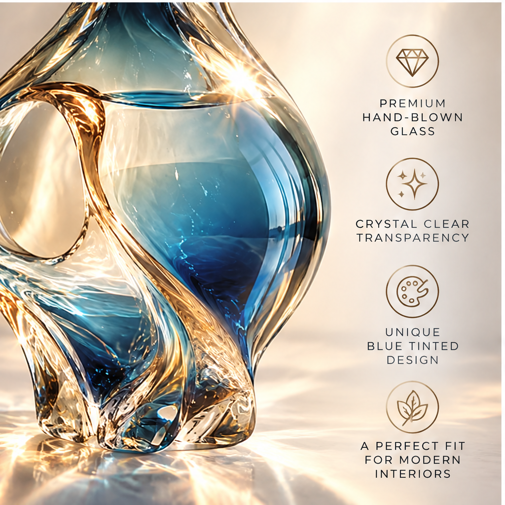 livorr® Blue Glass Sculptural Vase — smooth flowing lines inspired by nature, neck and rim detail close-up