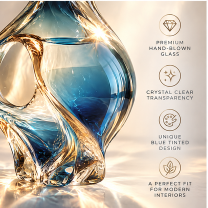 livorr® Blue Glass Sculptural Vase — smooth flowing lines inspired by nature, neck and rim detail close-up