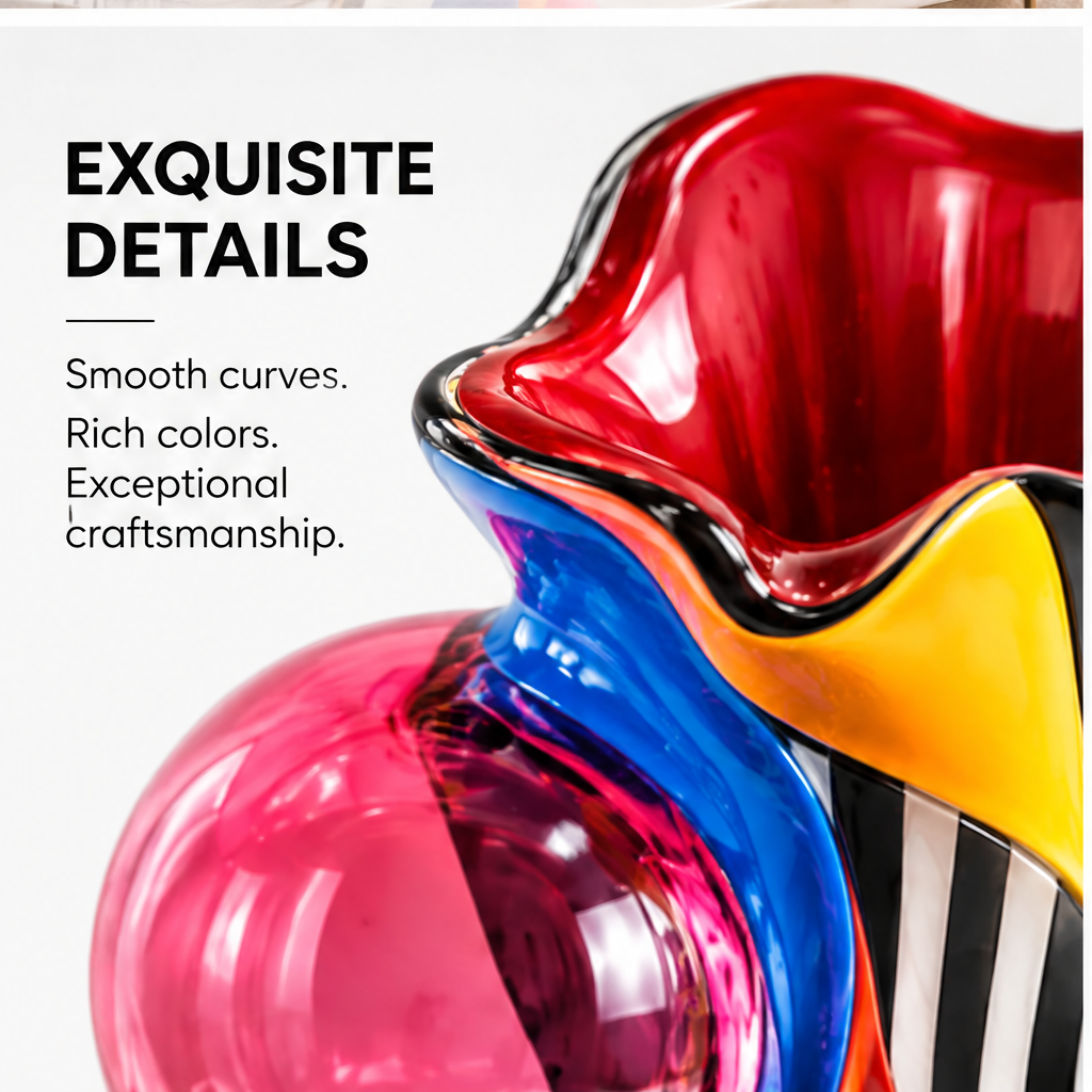 livorr® Pop Art Bubble Glass Vase — exquisite details close-up, smooth curves, rich colors, exceptional craftsmanship, red rim and pink glass bubble detail