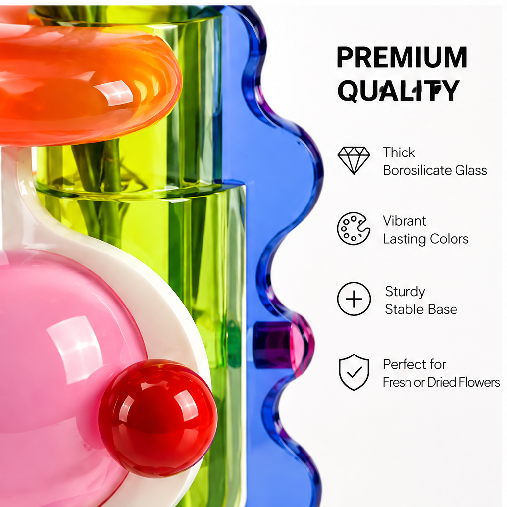 livorr® 360° Pop Art Borosilicate Glass Vase — different angle, 360 degree beauty, striking from any side, back view of blue wavy panel