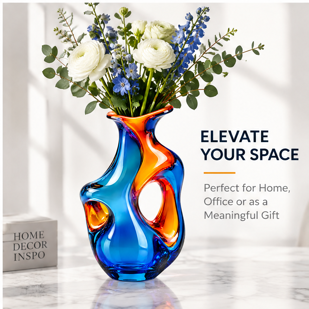 livorr® Art Glass Vase Blue Orange — elevate your space, styled with white ranunculus and blue flowers, perfect for home, office or as a meaningful gift