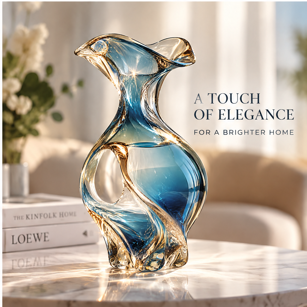 livorr® Blue Glass Sculptural Vase — premium hand-blown glass, crystal clear transparency, unique blue tinted design, perfect for modern interiors