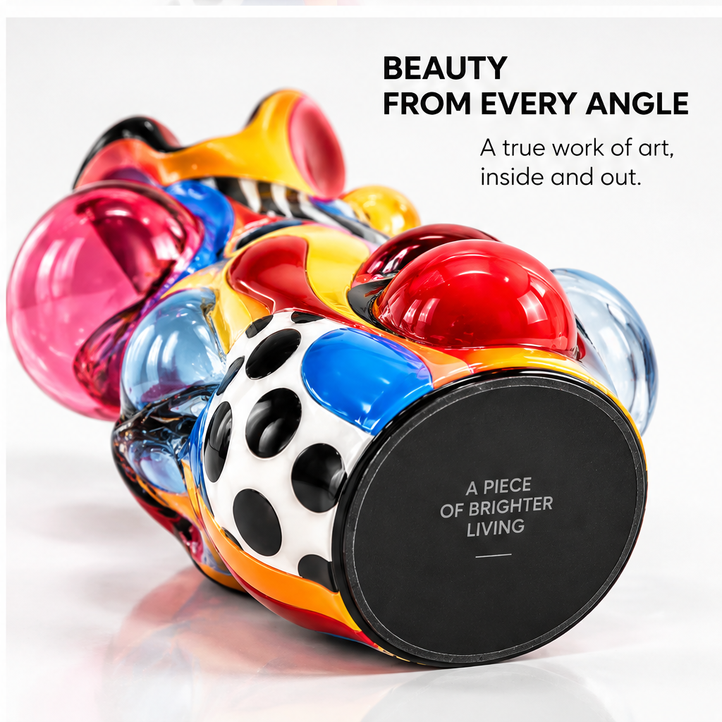 livorr® Pop Art Bubble Glass Vase — beauty from every angle, bottom view showing A Piece of Brighter Living brand stamp, a true work of art inside and out