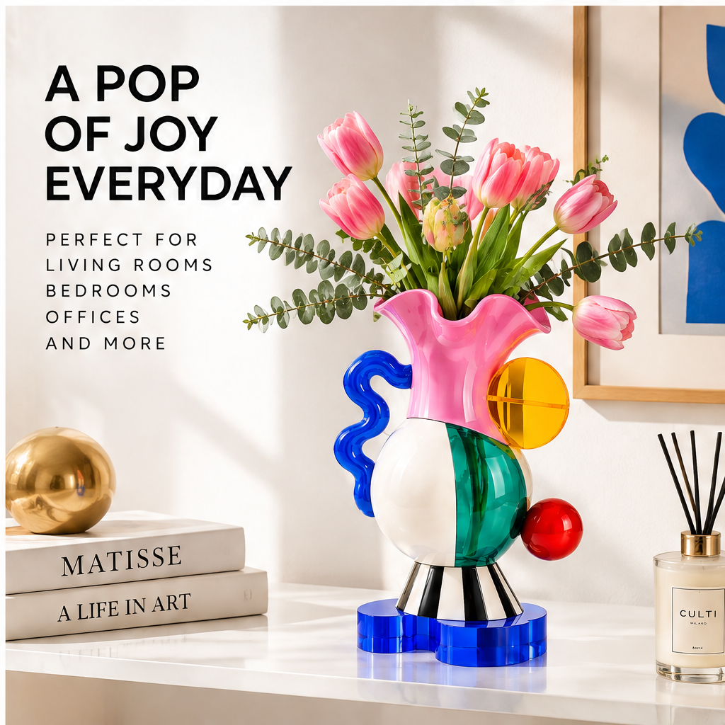 livorr® Pop Art Multicolor Sculptural Vase — a pop of joy everyday, styled on shelf with Matisse book, candle and diffuser, perfect for living rooms, bedrooms, offices
